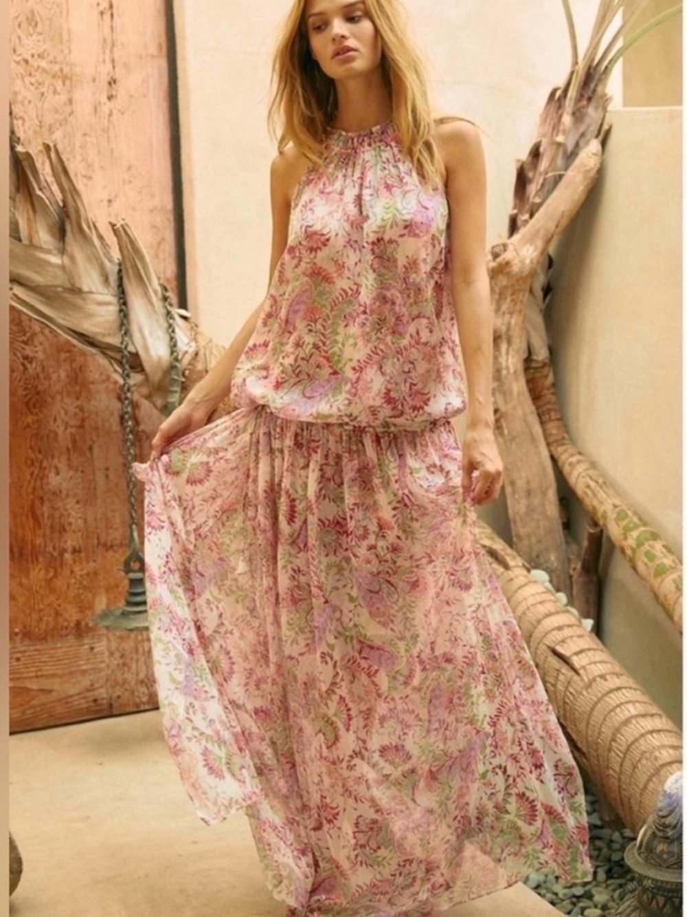 MISA Los Angeles Drop Waist Maxi Dress Boho floral paisley